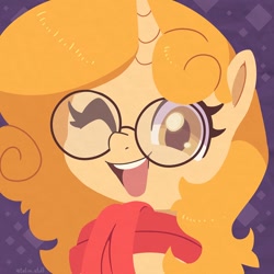 Size: 750x750 | Tagged: safe, artist:talim_stuff, derpibooru import, oc, oc only, pony, unicorn, abstract background, clothes, commission, female, glasses, horn, lineless, looking at you, mare, one eye closed, open mouth, open smile, round glasses, scarf, smiling, smiling at you, solo, wink, winking at you