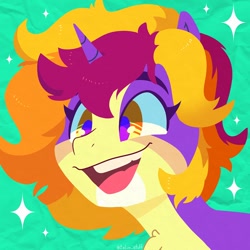 Size: 750x750 | Tagged: safe, artist:talim_stuff, derpibooru import, oc, oc only, oc:cydne, pony, unicorn, abstract background, bust, chest fluff, commission, horn, lineless, open mouth, open smile, ponified, ponified oc, smiling, solo, species swap