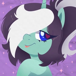 Size: 750x750 | Tagged: safe, artist:talim_stuff, derpibooru import, oc, oc only, oc:parallel pop, pony, unicorn, abstract background, commission, eye clipping through hair, female, heart, heart eyes, horn, lineless, mare, smiling, solo, tongue, tongue out, wingding eyes