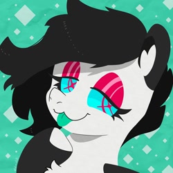 Size: 750x750 | Tagged: safe, artist:talim_stuff, derpibooru import, oc, oc only, oc:candycane rose, earth pony, pony, abstract background, bust, commission, eyeshadow, lidded eyes, lineless, looking at you, makeup, ponysona, smiling, smiling at you, solo, tongue, tongue out, wingding eyes