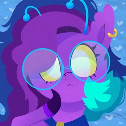 Size: 750x750 | Tagged: safe, artist:talim_stuff, derpibooru import, oc, oc only, oc:nebula, alien, alien pony, pony, abstract background, antennae, bust, colored sclera, commission, ear piercing, earring, glasses, jewelry, lineless, looking at you, piercing, ponysona, round glasses, solo, yellow sclera