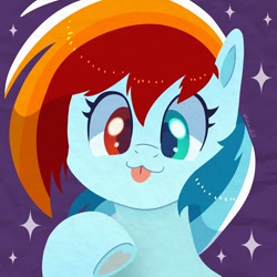 Size: 750x750 | Tagged: safe, artist:talim_stuff, derpibooru import, oc, oc only, oc:cryo flame, earth pony, pony, abstract background, commission, female, heterochromia, hoof heart, lineless, looking at you, mare, smiling, smiling at you, solo, tongue, tongue out, underhoof