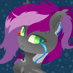 Size: 750x750 | Tagged: safe, artist:talim_stuff, derpibooru import, oc, oc only, oc:bitwise operator, bat pony, cyborg, pony, abstract background, augmented, bat pony oc, bust, commission, fangs, female, lineless, looking at you, mare, smiling, smiling at you, solo