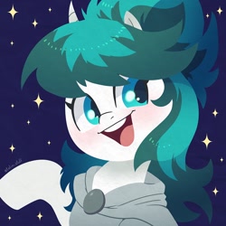 Size: 750x750 | Tagged: safe, artist:talim_stuff, derpibooru import, oc, oc only, pony, unicorn, abstract background, blushing, bust, cloak, clothes, commission, female, horn, mare, open mouth, open smile, smiling, solo