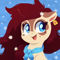 Size: 750x750 | Tagged: safe, artist:talim_stuff, derpibooru import, oc, oc only, oc:chocolate chamomile, earth pony, pony, abstract background, ascot, bust, commission, ear tag, facial markings, female, mare, open mouth, open smile, smiling, solo