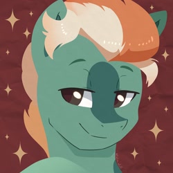 Size: 750x750 | Tagged: safe, artist:talim_stuff, derpibooru import, oc, oc only, pony, blaze (coat marking), bust, coat markings, commission, facial markings, lidded eyes, male, smiling, solo, stallion