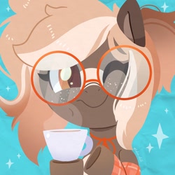 Size: 750x750 | Tagged: safe, artist:talim_stuff, derpibooru import, oc, oc only, oc:cream latte, earth pony, pony, abstract background, blaze (coat marking), bust, coat markings, coffee cup, commission, cup, facial markings, female, freckles, glasses, hoof hold, looking at you, mare, one eye closed, round glasses, smiling, smiling at you, solo, wink, winking at you