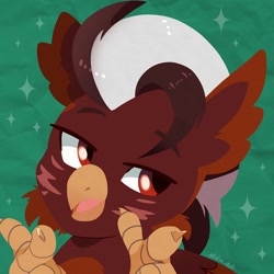 Size: 750x750 | Tagged: safe, artist:talim_stuff, derpibooru import, oc, oc only, griffon, abstract background, beak, bust, commission, griffon oc, lidded eyes, open beak, open mouth, pointing at you, solo