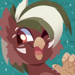 Size: 750x750 | Tagged: safe, artist:talim_stuff, derpibooru import, oc, oc only, griffon, abstract background, beak, bust, cheek fluff, commission, griffon oc, one eye closed, open beak, open mouth, open smile, smiling, solo, wink