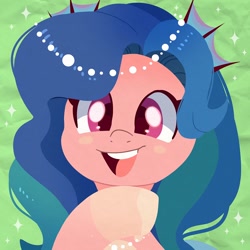 Size: 750x750 | Tagged: safe, artist:talim_stuff, derpibooru import, oc, oc only, oc:peachy splash, merpony, pony, abstract background, bust, commission, female, looking at you, mare, not izzy moonbow, open mouth, open smile, smiling, smiling at you, solo