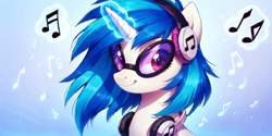 Size: 2400x1200 | Tagged: safe, ai content, derpibooru import, machine learning generated, dj pon-3, vinyl scratch, pony, unicorn, g4, bust, glowing, glowing horn, horn, looking at you, magic, note, portrait, prompter:greesys, solo