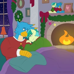 Size: 2048x2048 | Tagged: safe, artist:shallowwin, derpibooru import, gallus, sandbar, anthro, earth pony, griffon, g4, christmas, commission, fireplace, gay, heart, holiday, indoors, love, male, ship:gallbar, shipping, snow, stallion