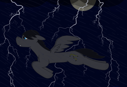 Size: 1814x1250 | Tagged: safe, artist:feraline(r), derpibooru import, oc, oc only, oc:feraliner, pegasus, pony, cloud, flying, lightning, moon, night, rain, spread wings, windswept mane, wings