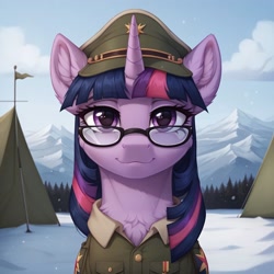 Size: 2048x2048 | Tagged: safe, ai content, derpibooru import, generator:stable diffusion, machine learning generated, twilight sparkle, unicorn twilight, pony, unicorn, bust, camp, cap, chest fluff, clothes, ear fluff, ears, female, glasses, hat, horn, looking at you, mare, military uniform, mountain, outdoors, peaked cap, portrait, prompter:thelight3d, smiling, smiling at you, snow, snowfall, uniform, winter