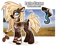 Size: 4150x3250 | Tagged: safe, artist:sadfloorlamp, derpibooru import, oc, oc only, oc:latte steam, hybrid, okapi, pony, blurry background, cutie mark, eyebrows, fangs, jewelry, long tongue, male, mascara, maw, mawshot, open mouth, piercing, reference sheet, solo, stallion, standing, tongue, tongue out