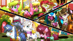 Size: 4596x2586 | Tagged: safe, artist:yourboimario, derpibooru import, daisy, dj pon-3, double diamond, flower wishes, lily, lily valley, night glider, octavia melody, party favor, roseluck, sugar belle, vinyl scratch, earth pony, pegasus, pony, unicorn, g4, alternate hairstyle, arrow, bag, bandage, blood, bowtie, bruised, clothes, equal four, eyepatch, female, flower trio, goggles, headband, horn, jacket, jewelry, male, mare, messy mane, necklace, ponytail, ponyville, saddle bag, scar, scarf, shoes, stallion, survivor, torn ear, torn tail