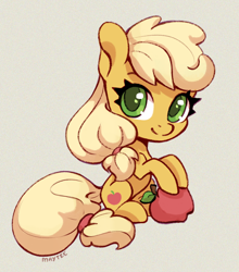 Size: 704x800 | Tagged: safe, artist:maytee, derpibooru import, applejack, earth pony, pony, g4, apple, chibi, colored pupils, digital art, food, sitting, solo