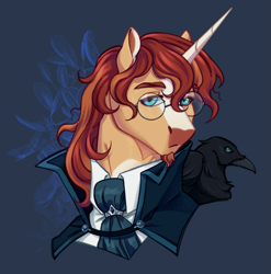 Size: 1635x1654 | Tagged: safe, artist:adaodeus, derpibooru import, raven, sunburst, bird, crow, pony, g4, alternate hairstyle, clothes, cravat, glasses, shirt, solo, white shirt