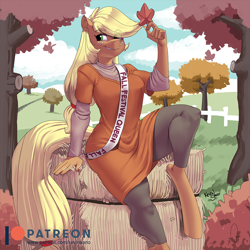 Size: 1000x1000 | Tagged: safe, artist:kevinsano, derpibooru import, applejack, anthro, earth pony, unguligrade anthro, autumn, award, clothes, dress, eye clipping through hair, female, hay bale, holding, leaf, mare, outdoors, sitting, smiling, smirk, solo