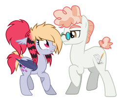 Size: 3372x2720 | Tagged: safe, artist:b(r)at, derpibooru import, svengallop, oc, oc:batty bliss, bat pony, earth pony, pony, g4, bat pony oc, colored wings, coontails, cute, cute little fangs, duo, duo male and female, ear tufts, ears back, fangs, female, folded wings, glasses, magenta eyes, male, mare, missing accessory, not derpy, not species swap, ponytail, raised hoof, raised leg, show accurate, simple background, slit eyes, stallion, tail, tail bun, transparent background, vector, wings