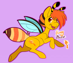 Size: 1280x1109 | Tagged: artist needed, safe, derpibooru import, oc, oc only, oc:honey buzz, bee, bee pony, original species, antennae, blue wings, insect wings, open mouth, pink background, simple background, solo, wings