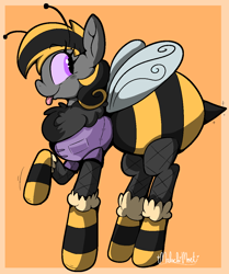 Size: 1000x1198 | Tagged: safe, artist:malachimoet, derpibooru import, oc, oc only, bee, bee pony, original species, :p, abdomen, antennae, clothes, fishnet clothing, fishnet stockings, insect wings, neck fluff, passepartout, pink eyes, pink sclera, shirt, signature, solo, stinger, stockings, thigh highs, tongue, tongue out, wings