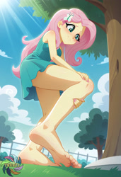 Size: 2496x3648 | Tagged: safe, ai content, derpibooru import, machine learning generated, fluttershy, human, equestria girls, g4, barefoot, blushing, clothes, feet, female, fetish, foot fetish, generator:civitai, low angle, outdoors, prompter:trux23, solo, solo female, toes