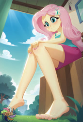 Size: 2496x3648 | Tagged: safe, ai content, derpibooru import, machine learning generated, fluttershy, human, equestria girls, g4, barefoot, blushing, clothes, feet, female, fetish, foot fetish, generator:civitai, low angle, outdoors, prompter:trux23, sitting, solo, solo female, toes