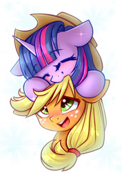 Size: 935x1323 | Tagged: safe, artist:chaosangeldesu, derpibooru import, applejack, twilight sparkle, earth pony, pony, unicorn, blushing, cute, eyes closed, female, hat, horn, lesbian, shipping, simple background, smiling, twiabetes, twijack