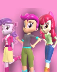 Size: 500x638 | Tagged: safe, artist:gaelgaming1, derpibooru import, apple bloom, scootaloo, sweetie belle, equestria girls, g4, 3d, arms, belt, boots, bow, child, clothes, cutie mark crusaders, denim, eyelashes, female, hair bow, hand, hand on hip, hands behind back, happy, headband, hoodie, jacket, jeans, legs, long hair, open clothes, open mouth, open shirt, open smile, pants, pose, preteen, puffy sleeves, shirt, shoes, short hair, short sleeves, shorts, skirt, smiling, source filmmaker, standing, top, trio, young, zipper