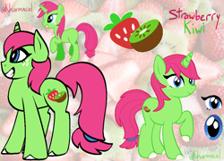 Size: 956x687 | Tagged: safe, artist:kharmacal, derpibooru import, oc, oc only, oc:strawberry kiwi, unicorn, caption, freckles, horn, image macro, real life background, reference sheet, self paradox, self ponidox, text, unshorn fetlocks