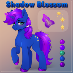 Size: 2000x2000 | Tagged: safe, artist:ynery, derpibooru import, oc, oc:shadow blossom, pony, unicorn, character name, commission, commissioner:pyretheskywing, cutie mark, femboy, horn, male, raised hoof, raised leg, reference sheet, solo, stallion, unicorn oc