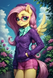 Size: 832x1216 | Tagged: safe, ai content, derpibooru import, machine learning generated, fluttershy, anthro, pegasus, g4, alternate hairstyle, clothes, female, flower, glasses, hat, hipstershy, jacket, looking at you, outdoors, prompter:cypher, shorts, smiling, smiling at you, solo, three quarter view, wings