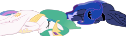 Size: 2048x599 | Tagged: safe, derpibooru import, edit, edited screencap, editor:pascalmulokozi2, screencap, princess celestia, princess luna, alicorn, pony, g4, the ending of the end, background removed, duo, duo female, eyes closed, female, jewelry, my little pony: friendship is magic, not a vector, regalia, royal sisters, siblings, sisters