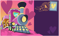 Size: 844x520 | Tagged: safe, derpibooru import, friendship express, locomotive, my little pony: celebration, postcard, stamp, steam locomotive, text, train