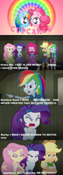 Size: 1000x2788 | Tagged: safe, artist:misterdavey, edit, edited screencap, screencap, applejack, fluttershy, pinkie pie, rainbow dash, rarity, earth pony, human, pegasus, pony, equestria girls, rainbow rocks, angry, cupcakes hd, humane five, meme, speech