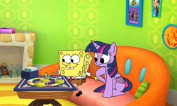 Size: 992x601 | Tagged: safe, artist:abjudisch2002, derpibooru import, twilight sparkle, twilight sparkle (alicorn), alicorn, pony, g4, board game, crossover, indoors, spongebob squarepants, spongebob squarepants (character)