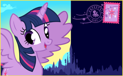 Size: 844x520 | Tagged: safe, derpibooru import, twilight sparkle, twilight sparkle (alicorn), alicorn, pony, g4, looking at you, my little pony: celebration, postcard, smiling, smiling at you, stamp, text