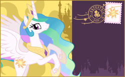 Size: 844x520 | Tagged: safe, derpibooru import, princess celestia, alicorn, pony, g4, concave belly, crown, female, hoof shoes, horn, jewelry, long horn, looking at you, mare, my little pony: celebration, peytral, postcard, princess shoes, rearing, regalia, slender, smiling, smiling at you, solo, stamp, text, thin