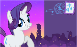 Size: 844x520 | Tagged: safe, derpibooru import, rarity, g4, looking at you, my little pony: celebration, postcard, smiling, smiling at you, stamp, text