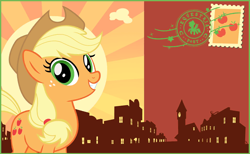 Size: 844x520 | Tagged: safe, derpibooru import, applejack, earth pony, pony, g4, looking at you, my little pony: celebration, postcard, smiling, smiling at you, stamp, text