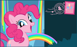 Size: 844x520 | Tagged: safe, derpibooru import, pinkie pie, earth pony, pony, g4, looking at you, my little pony: celebration, postcard, smiling, smiling at you, stamp, text