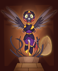 Size: 1861x2284 | Tagged: safe, artist:moonatik, derpibooru import, oc, oc only, oc:velvetine, pegasus, pony, ancient egypt, clothes, egyptian, egyptian headdress, female, glowing, glowing eyes, gold, makeup, mare, mummy, pegasus oc, possessed, sarcophagus, shadowbolts, shoes, solo