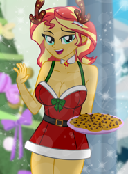 Size: 4938x6690 | Tagged: safe, artist:emeraldblast63, derpibooru import, sunset shimmer, human, equestria girls, g4, 29 years old (girls), adult, adult female, big breasts, breasts, christmas, christmas dress, christmas tree, cleavage, clothes, cookie, curvy, cyan eyes, deer horn, female, food, hand wave, happy, holiday, indoors, lens flare, lidded eyes, looking at you, open mouth, open smile, sexy, smiling, smiling at you, solo, solo female, sparkles, stupid sexy sunset shimmer, sunset jiggler, two toned hair, two toned hair (red and yellow), waist belt