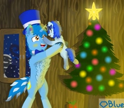 Size: 1880x1640 | Tagged: safe, artist:💎blue, derpibooru import, oc, oc only, oc:blue blanket, oc:blueshield, pony, unicorn, belly fluff, bipedal, bow, bowtie, chest fluff, christmas, christmas lights, christmas tree, concave belly, female, filly, foal, hair bow, happy, hat, holding a pony, holiday, horn, indoors, magic, male, present, snow, stallion, top hat, tree, window, winter, winter coat, wood