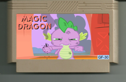 Size: 1448x942 | Tagged: safe, artist:gradiusfanatic, derpibooru import, edit, edited screencap, screencap, spike, dragon, g4, owl's well that ends well, season 1, cartridge, grumpy spike, magic dragon, male, my little pony: friendship is magic, nintendo entertainment system, spike is not amused, unamused, wingless spike