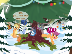 Size: 1440x1080 | Tagged: safe, artist:bronybyexception, derpibooru import, applejack, rainbow dash, scootaloo, earth pony, pegasus, pony, g4, advent calendar, christmas, christmas tree, doctor who, female, filly, foal, holiday, horn (musical instrument), mare, outdoors, plushie, present, snow, tardis, teddy bear, toy train, tree