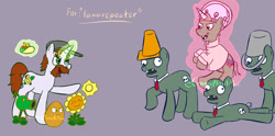 Size: 1024x508 | Tagged: safe, artist:crazyplantmae, derpibooru import, earth pony, pony, undead, unicorn, zombie, zombie pony, 2016, beard, crazy dave, crossover, dr. zomboss, facial hair, flower, food, horn, male, peashooter, plant, plants vs zombies, ponified, species swap, stallion, sunflower, taco, wall-nut