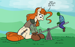 Size: 1504x951 | Tagged: safe, artist:anontheanon, artist:polofastter, oc, oc only, oc:anon, oc:nordpone, breezie, earth pony, human, female, freckles, hoof boots, male, mare, outdoors, seesaw, size difference, sword, weapon