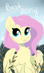 Size: 2200x3600 | Tagged: safe, artist:kebchach, derpibooru import, fluttershy, pegasus, pony, g4, :3, :p, best pony, cloud, cute, ear fluff, ears, female, grass, hooves, lineless, looking at you, mare, partially open wings, raised hoof, raised leg, shyabetes, silly, sky, solo, text, tongue, tongue out, truth, wings